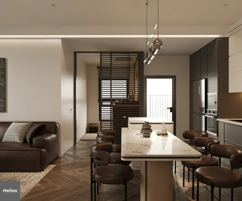 Hành lang căn hộ 75 m² phong cách Indochine tại The Zurich 1, phào trắng và gương vòm