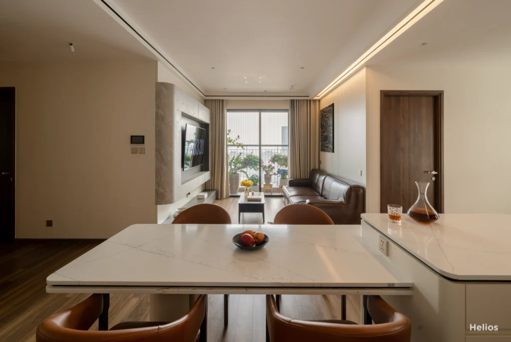 Phòng khách liền đảo bếp trong dự án nội thất Vinhomes Ocean Park 1 rộng 95 m², gỗ óc chó sẫm và đá vân mây
